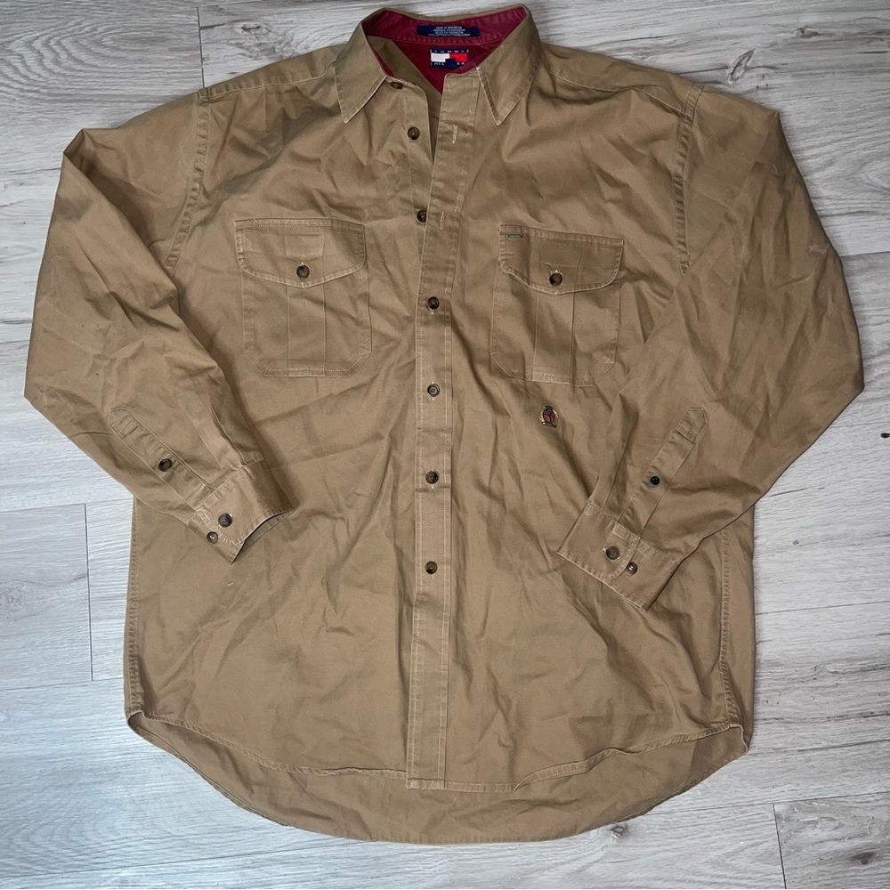 Vintage Tommy Hilfiger Button Down Shirt L Utility Khaki Army 90’s Workwear